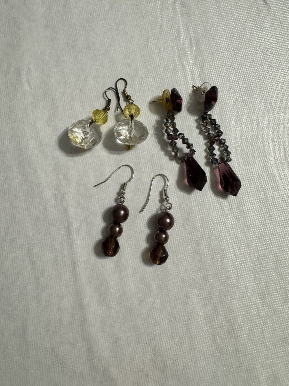 Lot Of 3 Dangle Earrings Stud Dangle, Dangle Yellow Clear, Dangle Purple Brown